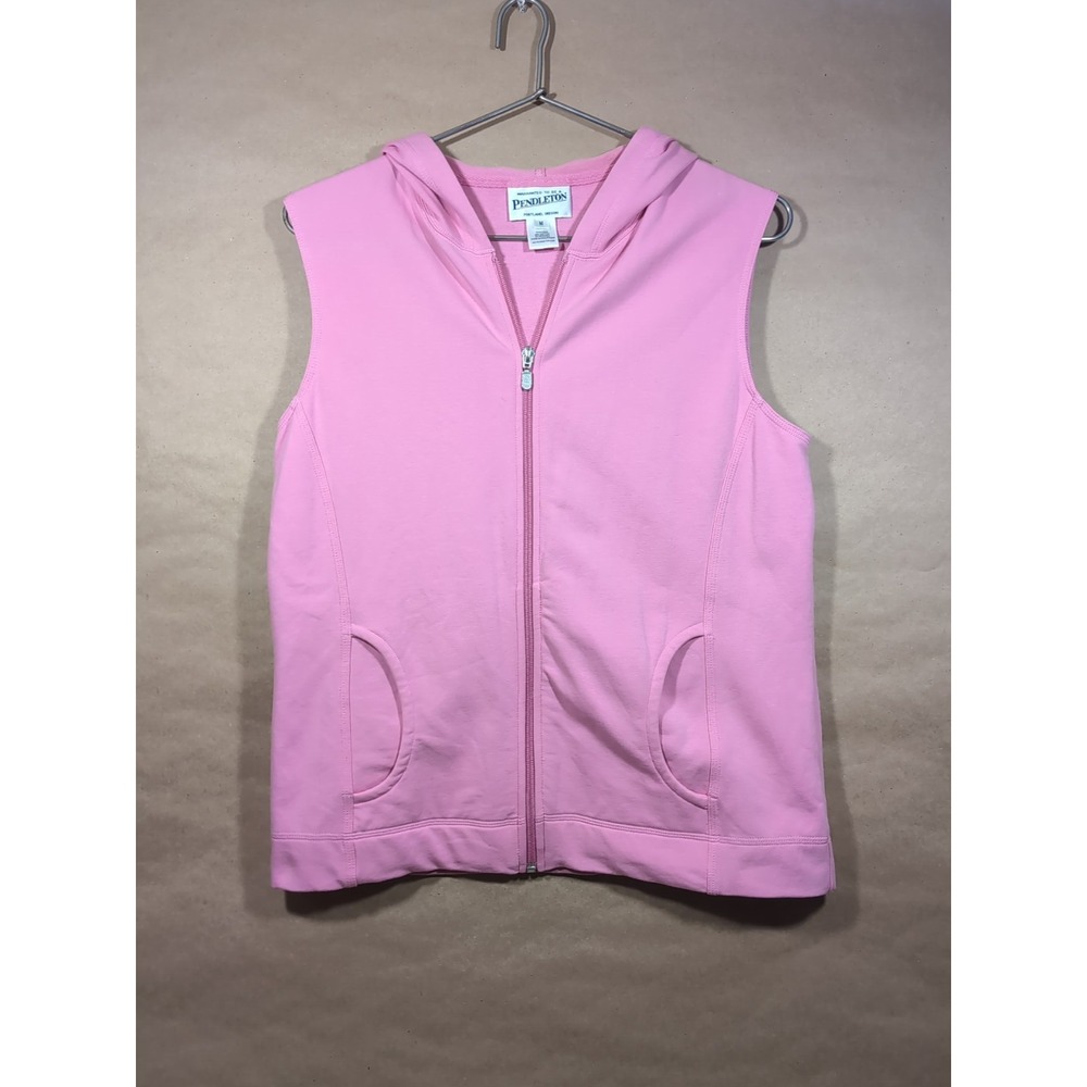 Pendleton‎ Women's Medium Pink Zip Front Vest Hood Pockets Cotton Blend Layer